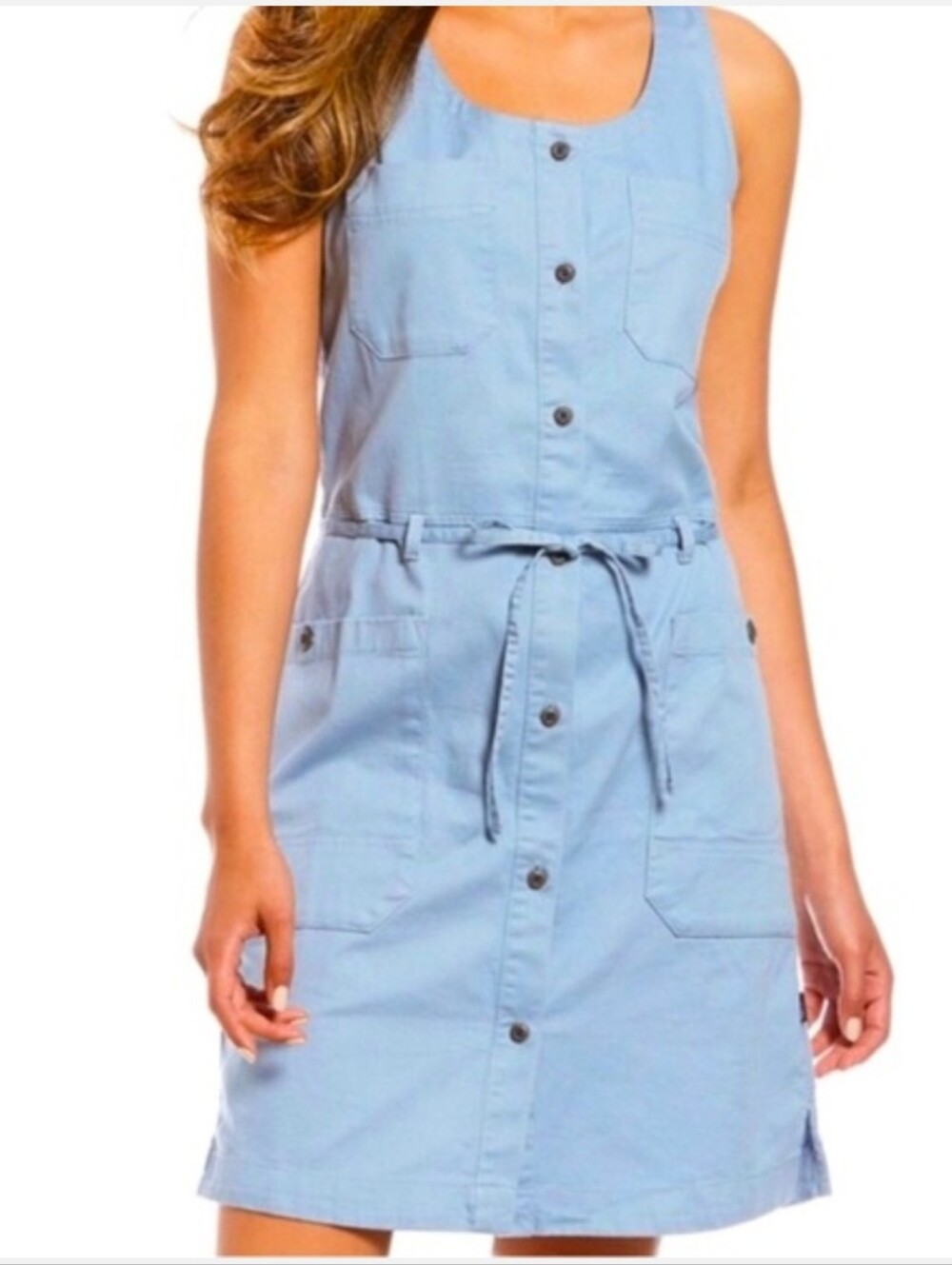 The North Face Sandy Shores Pocket Dress Blue Shift Tunic Waist Tie Button Sz SP